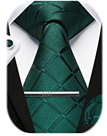 HISDERN Herren Hochzeit Dunkelgrün Krawatten und Einstecktuch Krawatte Plaid Manschettenknöpfe-Krawattenklammer-Set