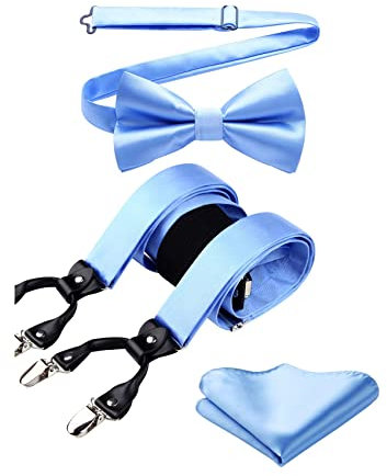 HISDERN Hosenträger Herren Blau Fliege und Hosenträger Set Herren Einfarbig Klassische Hochzeit Einstellbar Y Form mit 6 Extra Stark Clips Braces
