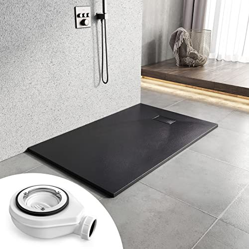 Heilmetz Duschwanne mit Siphon 120x90cm Flach Duschtasse Höhe 2.6 cm SMC Brausewanne Steinoptik Antirutsch Duschtasse mit Ø 90mm Ablaufgarnitur -Schwarz