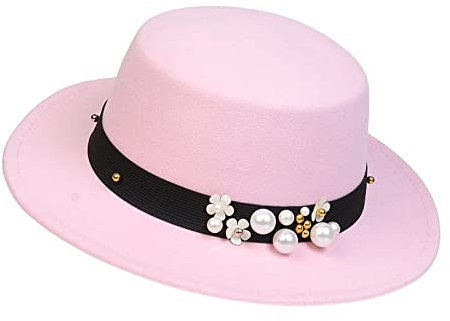 NiceYnn Unisexe Chapeau Fedora en Feutre Large Bord Chapeaux Jazz Vintage avec Bande de Perles Rose