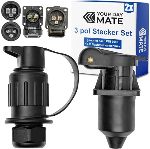 3 pol Stecker und Steckdose Set, Hartplastik-Gehäuse, 3 poliges Stecksystem nach DIN 9680 genormt, 4-Loch Montageplatte, Steckanschluss für 12 V Systeme, 3 pin Plug Socket Landmaschine, Baumaschine