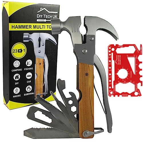 DIY TECH UK - Multi Tool Gadget Gifts for Men - 23 in 1 Hammer with Wooden Handle + Free 48 in 1 Wallet Tool - Mens Gifts for Christmas - Dad Him Boyfriend Birthday Who Have Everything Women Adult