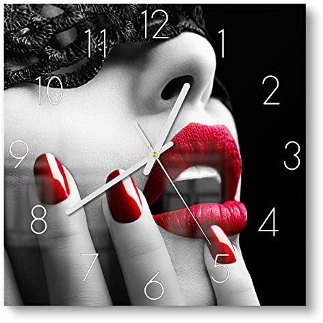 DEQORI Glasuhr | 30x30 cm | Motiv Sinnliche Maskerade | ausgefallene leise Design Uhr aus Glas | Wanduhr für Wohnzimmer & Küche | Moderne Hingucker Uhr für die Wand