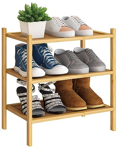 BMOSU Petite étagère à chaussures empilable en bambou à 3 niveaux pour couloir, placard, salon, entrée (naturel)