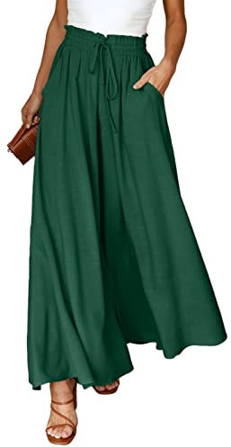 Dokotoo Sommerhose Damen Leicht Palazzo Hose Elegant Sommer High Waist Baggy Leinenhose Freizeithose Baumwolle Leinen Weite Hosen mit Taschen Kordelzug Elastisch Einfarbig Stoffhose Grün M