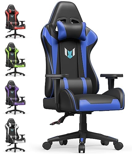 bigzzia Gaming Chair Office Chair,155 Degree PU Leather Ergonomic Office Chair with Lumbar Cushion&Headrest&Fixed Armrest,Gaming Chair Gaming Seat Adult Young Boy Girl (Blue)