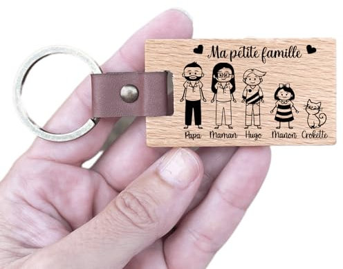 Porte clé famille en bois personnalisé avec les personnages de votre choix, cadeau fête des pères, des mères, des mamies