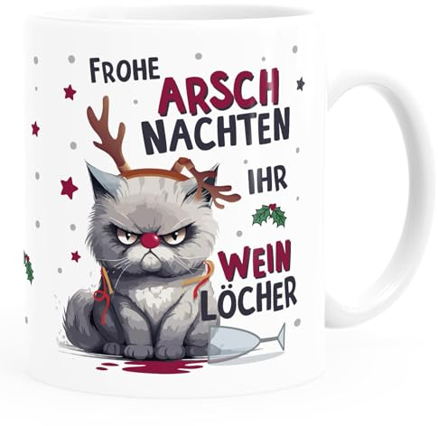 MoonWorks® Kaffee-Tasse Weihnachten Katze Frohe Arschnachten ihr Weinlöcher Spruch lustig Geschenk Weihnachtsmuffel weiß standard