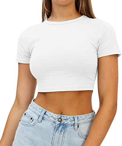 AirMood Womens Crop Summer Tee Tops Short Sleeve Casual Cropped Tshirt (White,S)