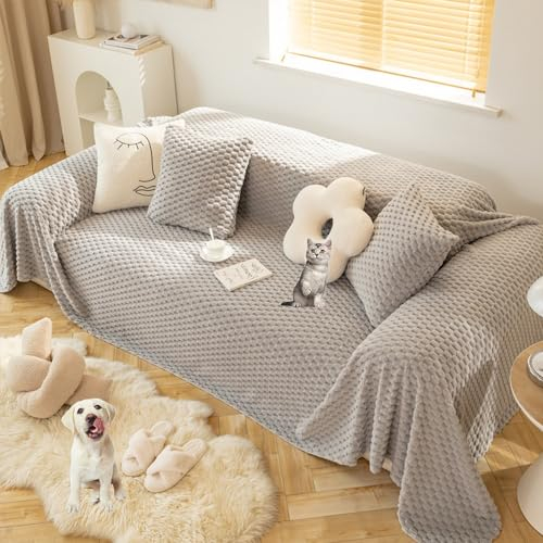 KCCRHIN Anti-Kratz Plüsch Sofa Überwurfdecke 1 2 3 4-Sitzer Mehrzweck Grau/Beige Sofaüberwurf Weicher Sofa-Decke Universelle Couch Überwurf Sofa Cover Waschbar Sofabezug,Grau,180 * 400cm/71 * 157.7in