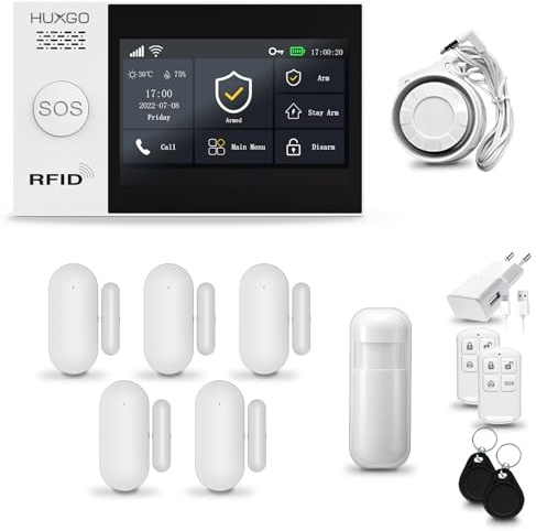 HUXGO® HXA007 Allarme casa senza fili WiFi + GSM 4G con sirena | Kit allarme con 1x rilevatore di movimento, 5x sensori per porte e finestre, telecomando | TUYA Smartlife App