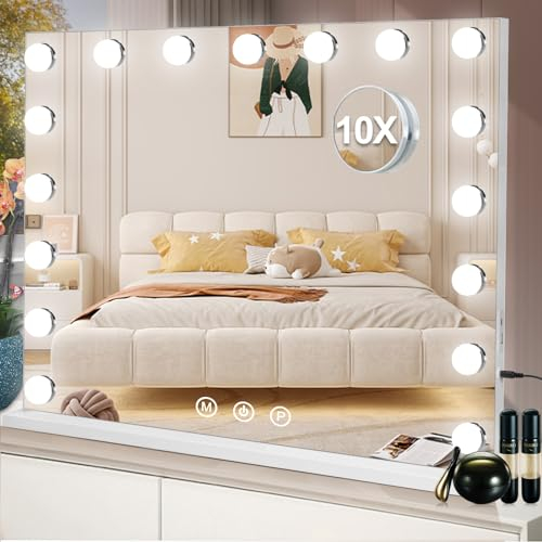 Saimeihome Schminkspiegel mit Beleuchtung Hollywood Spiegel mit 17 dimmbaren LED 3 Farbmodi, Tischspiegel mit Touch Control, USB Ladeanschluss und 10-Fach Vergrößerungsglas - 80x60cm Weiß