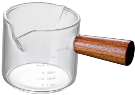 Generic Espresso Measuring Glass Jug Cup with Wood Handle, Espresso Clear Coffee Cup with V-Shaped Spout, Ounce Measuring Cup Liquid Glass with Scal, Milk Jups for Daily Use 100ml