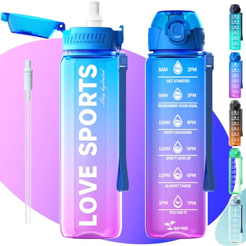 MYFOREST Sports Water Bottle, Time Marker for Motivational Hydration, Drop-proof, BPA-free, Wide Mouth for Easy Clean: Cold/Hot/Carbonated/Cider (1 L Blue-Voilet Translucent, 1000 ml)
