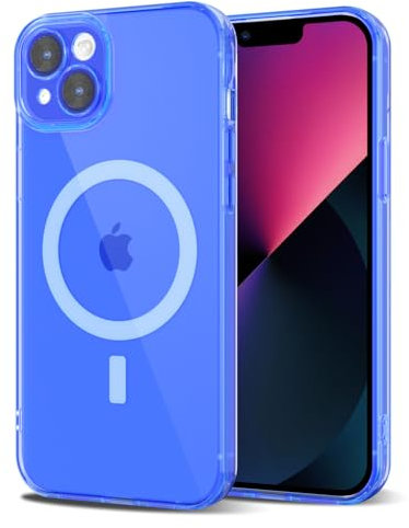 Svanove for iPhone 13 Mini Case Clear Compatible with Magsafe, Fluorescent Transparent Magnetic Magnet Mag Case, Slim Thin Bright Silicone Grip & Shockproof Bumper Camera Cover, Neon Blue