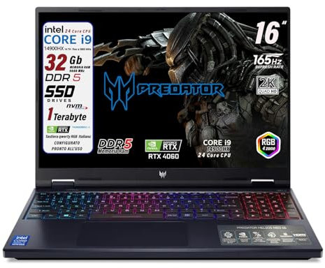 acer Predator Helios Neo16 Notebook Gaming, Processore Intel Core i9-14900HX, RAM 32Gb DDR5, SSD 1Tb pci, Display 16 WQXGA IPS 165Hz, NVIDIA GeForce RTX 4060 8Gb GDDR6, Win 11, Preconfigurato
