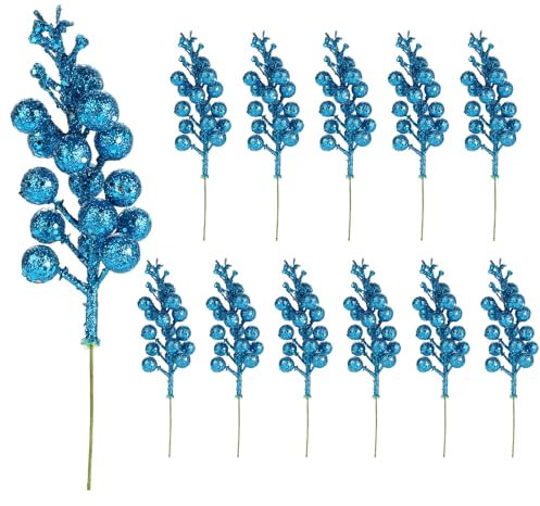 12 steli di bacche glitterate natalizie, 20 cm, rami di bacche di agrifoglio artificiali, bacche di Natale, ornamenti per albero di Natale, fai da te, decorazioni per ghirlande di Natale (blu)