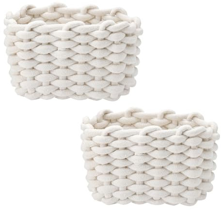 2er Set Aufbewahrungskorb Geflochten Baumwolle Strickkorb, Kleiner Korb Körbchen Aufbewahrungskorb, Dekorative Quadratische Badezimmer Speicher Regalkörbe für Schminke Spielzeug Socken