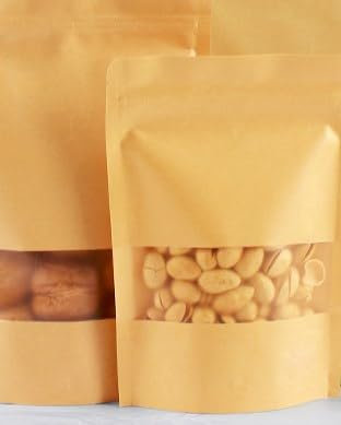 KEILEOHO 500 Stück 9 x 14 cm Papiertüten mit Fenster, Klein Kraftpapier Tüten mit Sichtfenster, Mini Zip Kraftpapiertüten Papierbeutel Standbodenbeutel Kraftpapier für Nüsse, Coffee, Teeblätter, Braun