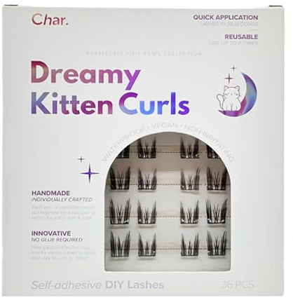 Char Cosmetics Eye Lashes - Sweatproof, Natural Look False Eyelashes - Reusable Fake Eyelashes for Comfortable Fit - Dreamy Kitten Curls - 36 pc