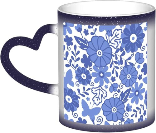 DOHXQM Coffee Mugs,Colour Changing Mug 11oz,Ceramic Heated Novelty Coffee Cup of,Funny Mugs for Men,Friends and Lover.,Dutch Delft Style Flowers in Doodle Style Abstract Petals Butterfly Leaves, Rape