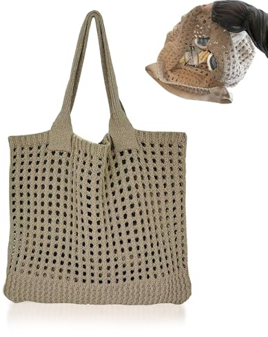 Baieye Gehäkelte Tasche,Tote Bag Aesthetic,Strandtasche Damen，Sommertaschen,Faltbar Tasche Beige,Leicht und Tragbar,für Shopper,Outfits Kollokation,Reisen,Studenten(Khaki)