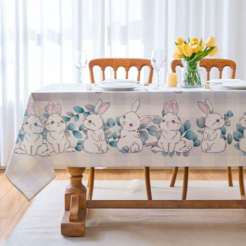 Tischdecke Abwaschbar Ostern 140x180 cm Frühling Tischwäsche Ostern Hasen Eukalyptus Tischtuch Rechteckig Saisonaler Küche Esstisch Tisch Dekoration für Party Picknick Abendessen Dekor