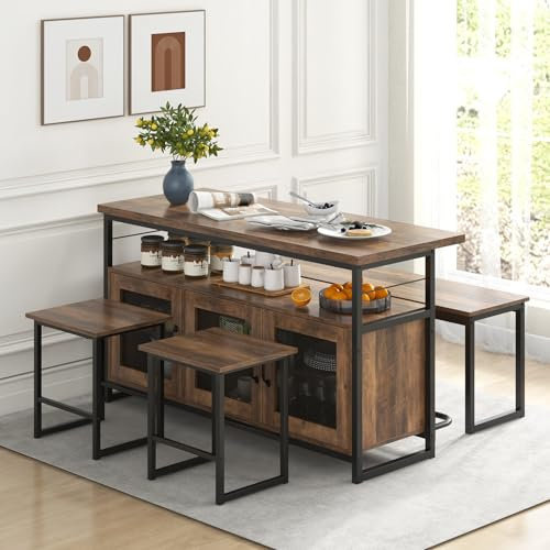 RELAX4LIFE Table à Manger avec 2 Tabourets et Banc, Îlot Central Cuisine avec Tabourets, Étagères Réglables, Portes en Treillis Métallique, Ensemble Table et Banc Industriel, Marron Rustique