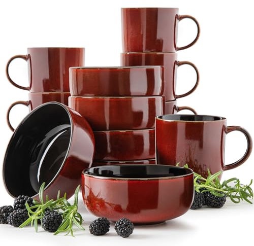 RITZENHOFF & BREKER Geschirr-Set 12-teilig, Frühstücksset Keramik rot/schwarz glänzend, Spülmaschinen- und Mikrowellenfest für 6 Personen