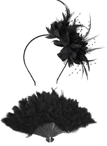 MUNSKT Set de 2 Accessoires Vintage Années 1920 pour Femmes - Bandeau aux Plumes et Fleurs Artificielles, Noir Ventilateur Manuel, Idéal pour Cocktails, Mariages, Goûters, Mascarades, Halloween