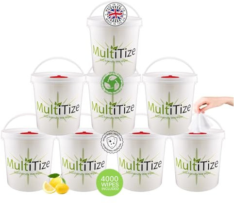 MultiTize Multi Purpose Wipes, Vegan, 100% Biodegradable, Antibacterial Multi Surface Wipes, (8 Bucket 500 Wipes Per Bucket)