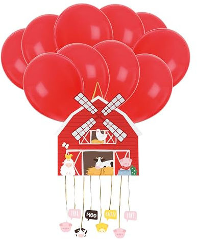 OH YEAH Piñata Bauernhof zum Geburtstag, groß, 42 x 39,5 cm + rotes Latexballon-Set, 30 cm, Dekoration für Kinderpartys, große Pinata zum Befüllen, Spielzeug und Süßigkeiten, leicht zu befüllen