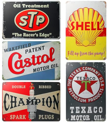 Behogan Juego de 5 Placas de Metal Retro para Garaje, 20 x 30 cm, Decoración Vintage, No Requiere Perforación, Exquisita Artesanía y Colores Vivos, Regalo Ideal para Amantes del Retro