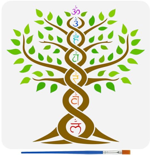 FINGERINSPIRE Lebensbaum Schablonen Mit Pinsel 30x30cm Wiederverwendbare Chakren Schablonen PET Chakren Baumdekorations Schablonen Religiöse Themen Vorlage Zum Malen Auf Holz Wänden Böden Und Möbeln