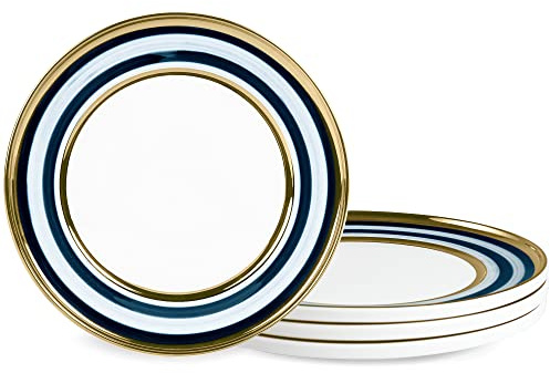 fanquare 20cm Porcelain Dinner Plates Sets of 4 Blue Striped Dessert Plates with Golden Rimmed, Vintage Breakfast Plate Serving Dishes for Steak Pasta Pancakes