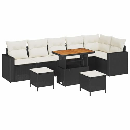 vidaXL 9-teiliges Garten-Ecksofa-Set mit Kissen in Schwarz und Creme aus Polyrattan und Akazie. Rechteckige Outdoor-Sitzgelegenheit für 10 Personen. Perfekt für Terrasse und Lounge.