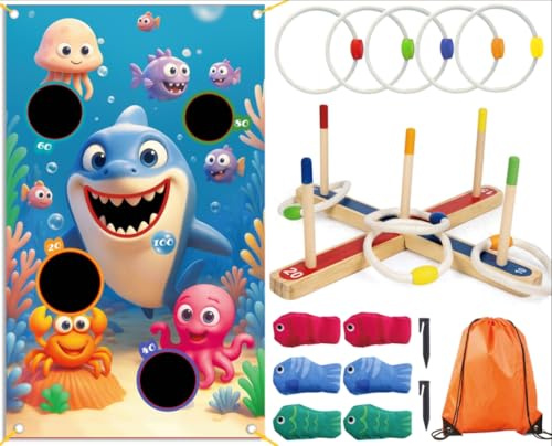 3 in 1 Wurfspiel aus Holz, Ringwurfspiel mit 10 Ringen & 6 Bean Bag Säckchen, Hai Banner Cornhole Spiel Board für Indoor Outdoor Spiele, Kindergeburtstag Partyspiele, Gartenspielzeug für Kinder ab 3+