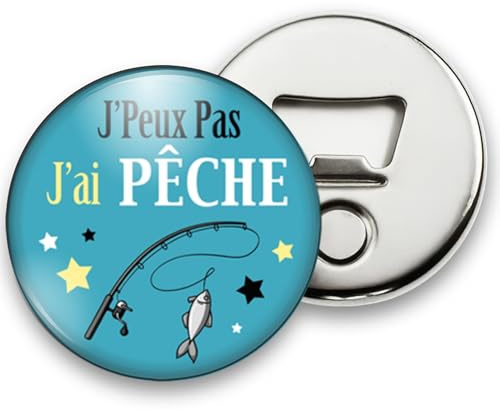 Cadeau pêcheur J’peux pas j’ai pêche – Décapsuleur aimant en métal et en plastique – Magnet frigo – ouvre-bouteille 5,6 cm – Idée cadeau homme pêcheur originale – Fait main France – Création