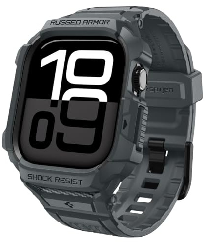 Spigen Rugged Armor Pro 2 Hülle mit Band für Apple Watch 11/10 46mm | TPU-Unibody-Hülle mit Armband, Carbonfaser-Optik, erhöhtem Schutzrand für 2025/2024er Modelle – Dunkelgrau