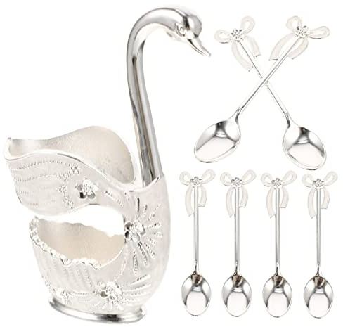 JEWEDECO Swan Dessert Spoon and Metal Scoop Set Holder Stand Silver Kitchen Mixing Spoons for Coffee Ice Cream Fruit Restaurant Teaspoons