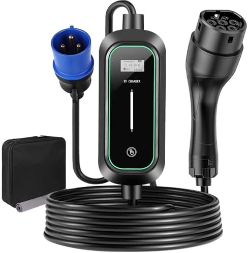 EV typ 2 ladekabel schuko,1-phasig 6-32A einstellbar,mit LCD（7,4kW 5M） | tragbares Ladegerät mit Display & Timer,IP65 wasserdicht, kompatibel mit allen Typ-2-E-Autos nach IEC 62196-2