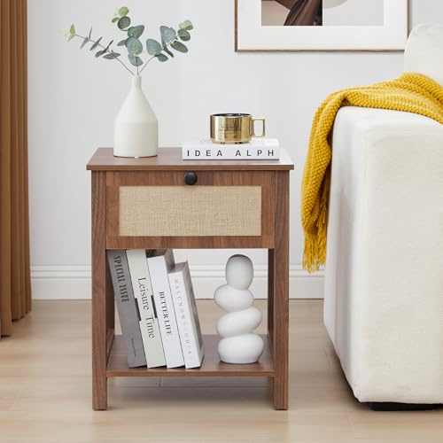 GuannCraft Table de chevet moderne en bois et lin - Cadre en bois massif - Grand espace de rangement - Table de chevet peu encombrante avec étagères et montage facile pour chambre à coucher, salon (1)