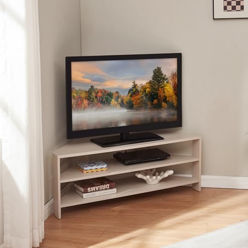 [en.casa] TV Schrank offen Berg Lowboard Fernsehtisch abgeschrägte Ecken Wohnzimmer Fernsehregal 110 x 36 x 42 cm TV-Halter Eckregal niedrig Beige