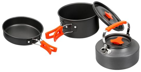YARNOW Tragbares Campingkochgeschirr Set für 2 3 Personen Aluminiumlegierung Outdoor Kochgeschirr mit Topf Pfanne und Teekessel Leichtes Picknick und Trekking Kochset