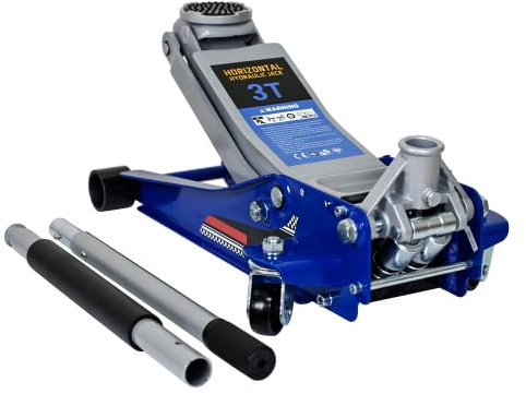 Rangierwagenheber 3T hydraulisch flach – Doppelkolben Schnellhub, 360° Rollen, für Auto SUV Reifenwechsel, Aluminium & Q235 Stahl, Blau/Silber