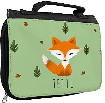Kulturbeutel mit Namen Jette und schönem Fuchs-Motiv für Mädchen | Kulturtasche mit Vornamen | Waschtasche für Kinder