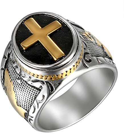 Flongo Herren-Ring Rosenkranz-Ring Herrenring, Edelstahl Ring Edelstahlring Bandring Schwarz Silber Gold Daumenring Herrenringe Siegel Kreuz Kruzifix Jesus Männer Herren-Accessoires Größe 59mm