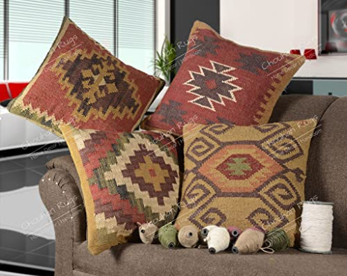 Chouhan Rugs 4 Stück handgewebte Jute-Kelim-Kissenbezüge, indische Vintage-Kissen, 45,7 x 45,7 cm, Boho-Kissenbezüge (Muster 2)