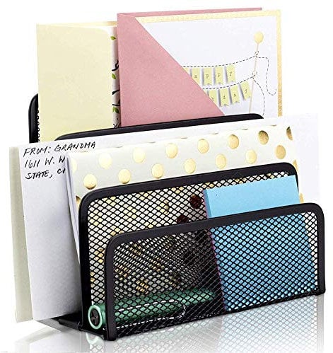 Vertical Letter Sorter Metal Mesh Letter Holder Mail Document Desk Tray Desktop File Paper Rack Organizer Holder Black Desk Letter Rack with 3 Vertical Upright Compartments