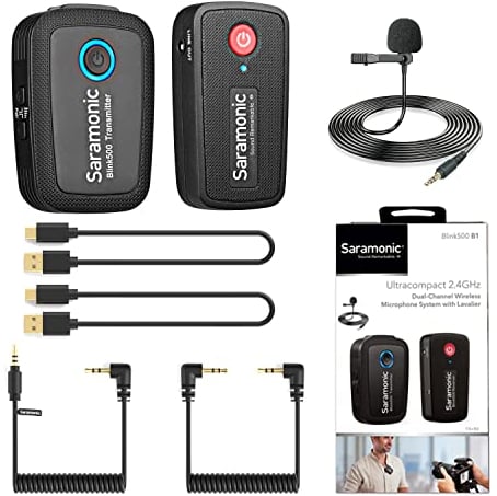 Saramonic Kabelloses Mikrofonsystem 2,4 GHz für Smartphones, Blink500 Dual-Kanal Mikro Ultra Kompakt für DSLR-Kameras, spiegellose Videos, YouTube Live Mobile Geräte